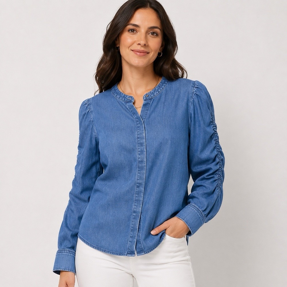 White House Black Market Womens S Denim Ruched Sleeve Shirt WHBM Western Chic